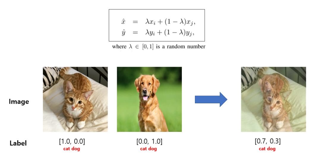 Mix-up augmentation combines to training images and their labels into a single training example.