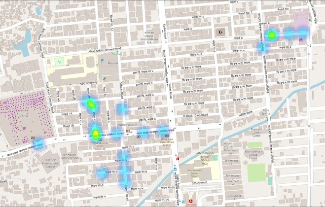 A map of a city with hotspots indicated areas that have been affected by pollution.