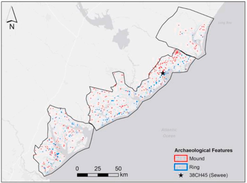 A virtual map showing the location of shell ring and mound features detected by the deep learning Mask R-CNN model. Mounds are indicated with and ring features in blue.