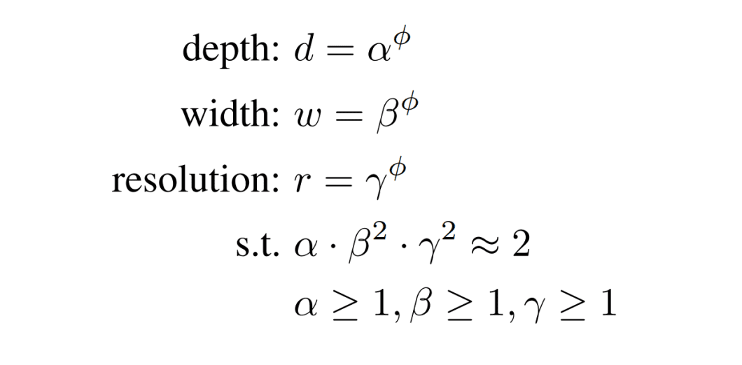 Compound scaling expression involving depth, width and resolution in EfficientNet