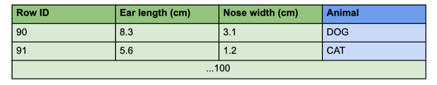 Table with a testing dataset for neural networks